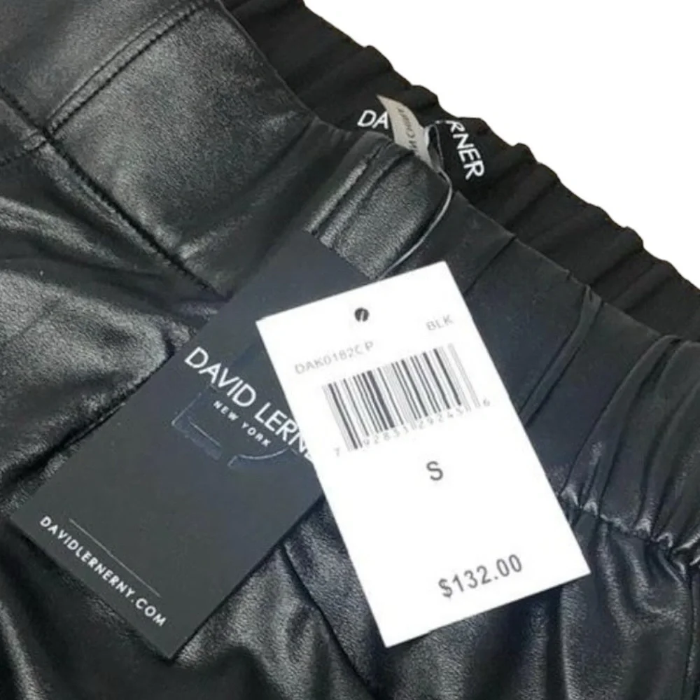 David Lerner Black Faux Leather Stretch Mini Skirt NWT S Elastic Waist Pockets